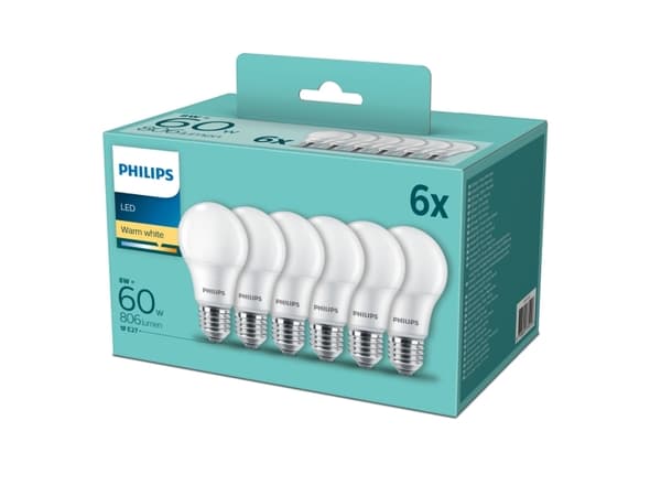 Philips - LED-lyspære - form: A60 - mattslipt finish - E27 - 8 W (ekvivalent 60 W) - klasse F - varmt hvitt lys - 2700 K - matt (en pakke 6)