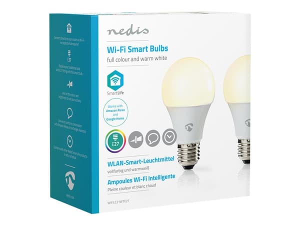 Nedis Wi-Fi Smart - LED-glödlampa - form: A60 - E27 - 6 W (motsvarande 40 W) - klass G - RGB/varmt vitt/vitt ljus - 2700 K (paket om 2)
