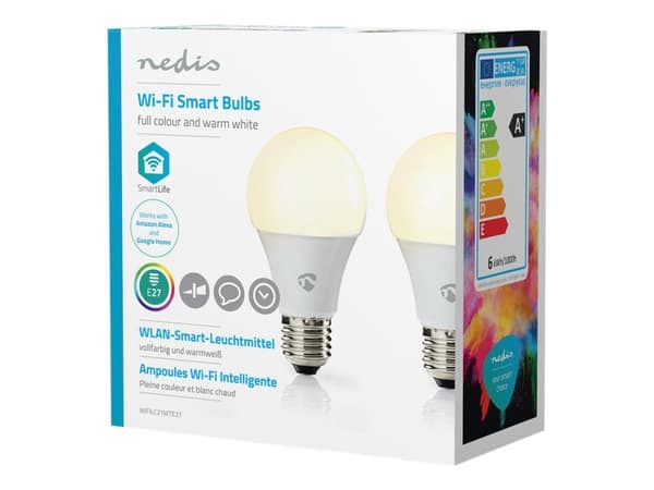 Nedis Wi-Fi Smart - LED-glödlampa - form: A60 - E27 - 6 W (motsvarande 40 W) - klass G - RGB/varmt vitt/vitt ljus - 2700 K (paket om 2)