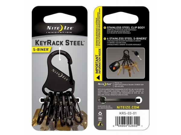 Nite Ize KeyRack fob + 6x mikrokarbinhake rostfritt stål svart (KRS-03-01)