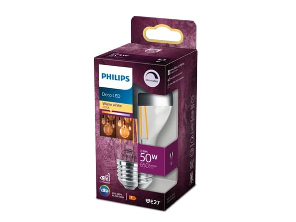 Philips Deco - LED-glödlampa med filament - form: A60 - E27 - 7.2 W (motsvarande 50 W) - klass A+ - varmt vitt ljus - 2700 K - spegelkrona