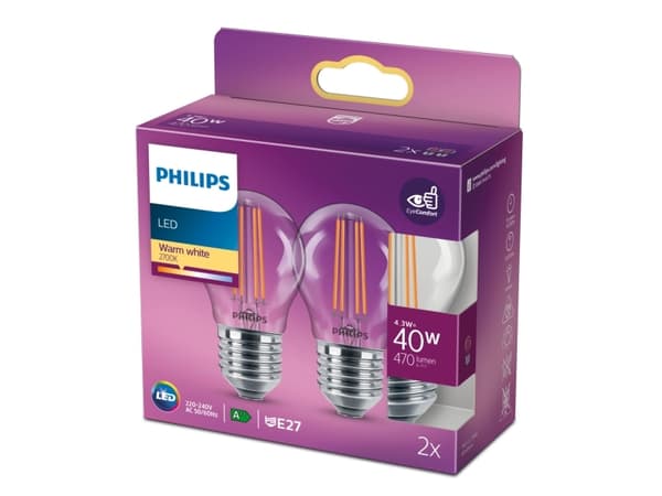 Philips - LED-filamentlyspære - form: P45 - klar finish - E27 - 4.3 W (ekvivalent 40 W) - klasse F - varmt hvitt lys - 2700 K (en pakke 2)