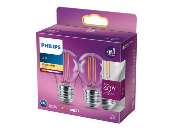 Philips - LED-filamentlyspære - form: P45 - klar finish - E27 - 4.3 W (ekvivalent 40 W) - klasse F - varmt hvitt lys - 2700 K (en pakke 2)
