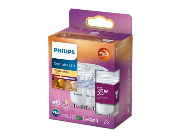 Philips - LED-pære for søkelys - GU10 - 2.6 W (ekvivalent 35 W) - klasse F - varmt hvitt lys - 2200-2700 K (en pakke 2)