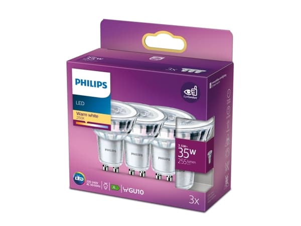 Philips - LED-spotlight - GU10 - 3.5 W (motsvarande 35 W) - klass F - varmt vitt ljus - 2700 K (paket om 3)