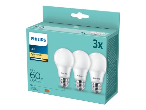 Philips LED - LED-lyspære - form: A60 - mattslipt finish - E27 - 8 W (ekvivalent 60 W) - klasse F - varmt hvitt lys - 2700 K (en pakke 3)
