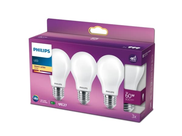 Philips - LED-lyspære - form: A60 - mattslipt finish - E27 - 7 W (ekvivalent 60 W) - klasse E - varmt hvitt lys - 2700 K (en pakke 3)