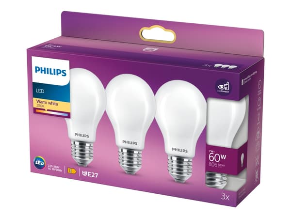 Philips - LED-lyspære - form: A60 - mattslipt finish - E27 - 7 W (ekvivalent 60 W) - klasse E - varmt hvitt lys - 2700 K (en pakke 3)