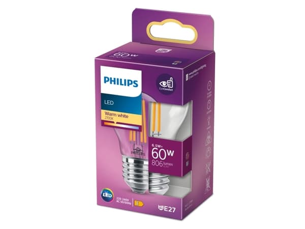 Philips - LED-glödlampa med filament - form: P45 - klar finish - E27 - 6.5 W (motsvarande 60 W) - klass E - varmt vitt ljus - 2700 K