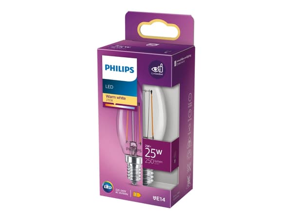 Philips - LED-filamentlyspære - form: B35 - klar finish - E14 - 2 W (ekvivalent 25 W) - klasse E - varmt hvitt lys - 2700 K - gjennomsiktig
