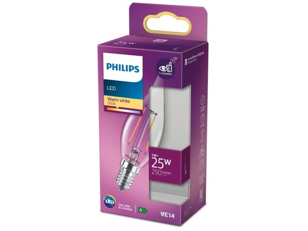 Philips - LED-lyspære - form: stearinlys - klar finish - E14 - 2 W (ekvivalent 25 W) - klasse A++ - varmt hvitt lys - 2700 K