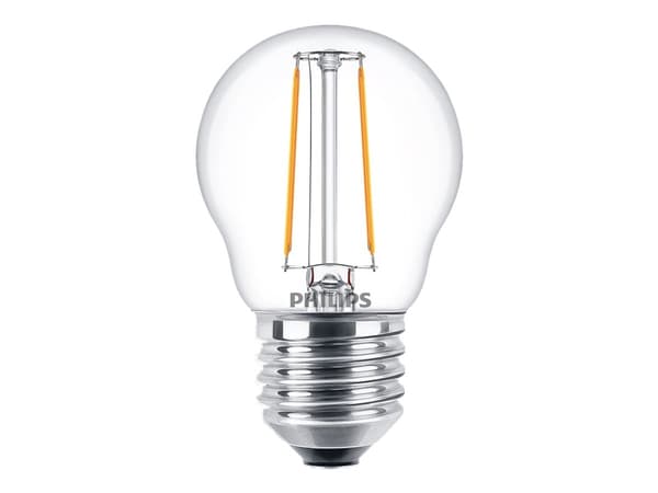 Philips - LED-glödlampa med filament - form: P45 - klar finish - E27 - 2 W (motsvarande 25 W) - klass E - varmt vitt ljus - 2700 K - transparent