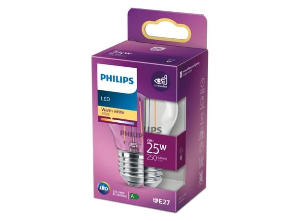 Philips - LED-glödlampa med filament - form: P45 - klar finish - E27 - 2 W (motsvarande 25 W) - klass E - varmt vitt ljus - 2700 K - transparent