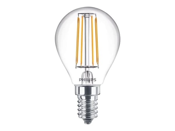 Philips - LED-filamentlyspære - form: P45 - klar finish - E14 - 4.3 W (ekvivalent 40 W) - klasse F - varmt hvitt lys - 2700 K
