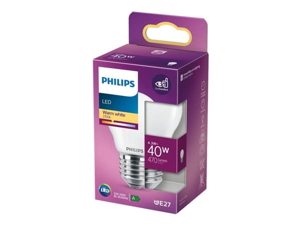 Philips - LED-glödlampa - form: P45 - glaserad finish - E27 - 4.3 W (motsvarande 40 W) - klass F - varmt vitt ljus - 2700 K