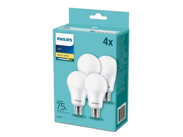 Philips - LED-lyspære - form: A60 - mattslipt finish - E27 - 10 W (ekvivalent 75 W) - klasse F - varmt hvitt lys - 2700 K - matt (en pakke 4)