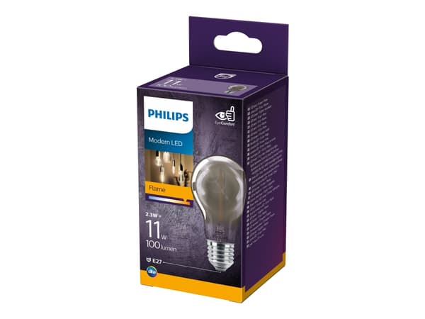 Philips - LED-filamentlyspære - form: A60 - E27 - 2.3 W (ekvivalent 11 W) - flammelys - 1800 K - røkfarget