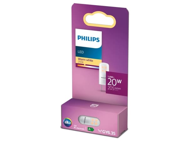 Philips - LED-glödlampa - form: kapsyl - GY6.35 - 1.8 W (motsvarande 20 W) - klass F - varmt vitt ljus - 2700 K