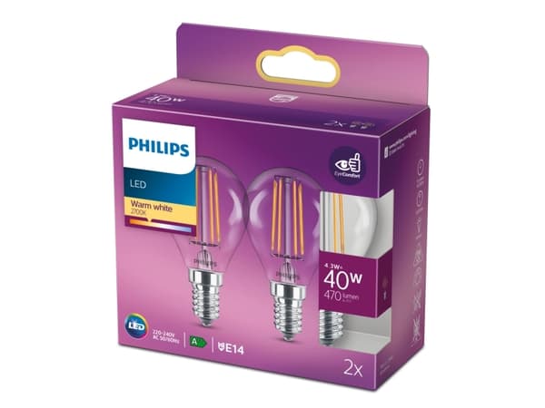 Philips - LED-glödlampa med filament - form: P45 - klar finish - E14 - 4.3 W (motsvarande 40 W) - klass F - varmt vitt ljus - 2700 K (paket om 2)