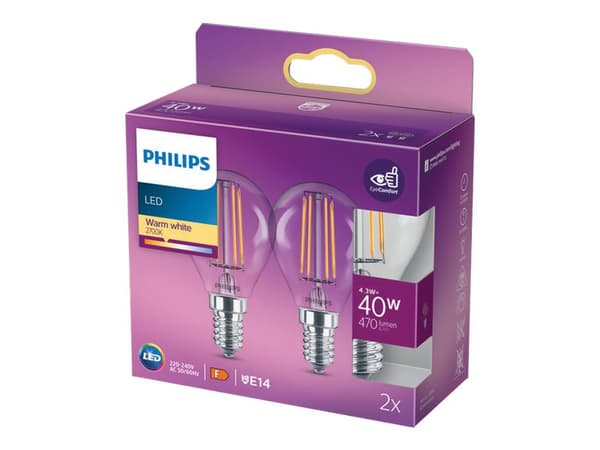 Philips - LED-filamentlyspære - form: P45 - klar finish - E14 - 4.3 W (ekvivalent 40 W) - klasse F - varmt hvitt lys - 2700 K (en pakke 2)