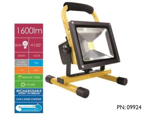 Floodlight Whitenergy LED 20W, 6000K, 1600lm, cool white, IP65, On Stand, Battery (09924)