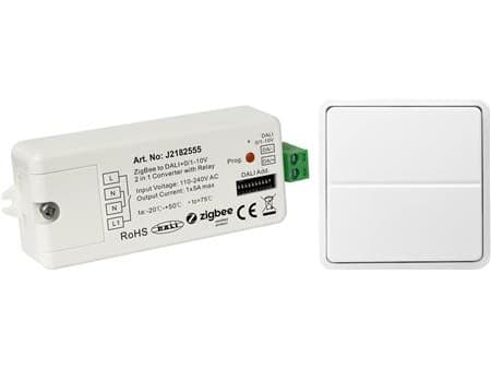Pakkeløsning som består af an Zigbee/DALI modtager and et batteriløst FUGA tryk. Enhederne er forprogrammeret og klar til brug.