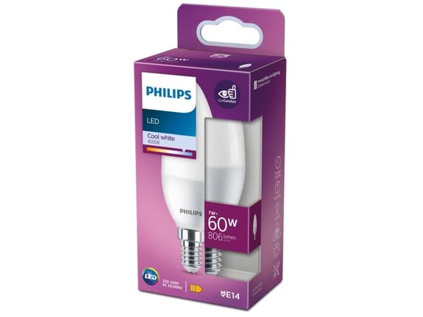 Philips - LED-lyspære - form: B38 - mattslipt finish - E14 - 7 W (ekvivalent 60 W) - klasse E - kjølilg hvitt lys - 4000 K