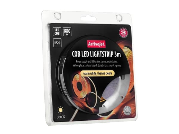 Activejet AJE-COB 3m ciep, Universale lysstriper, Innendørs, IP20, Varm hvit, 1800 lm, 19 W