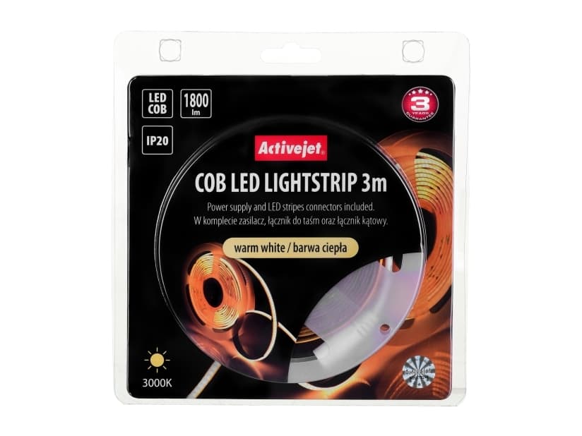 Activejet AJE-COB 3m ciep, Universell belysningslist, inomhus, IP20, Varmvitt, 1800 LM, 19 W