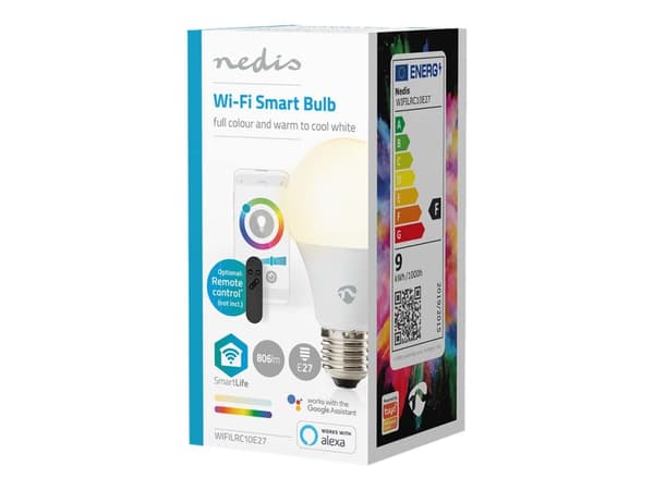 Nedis SmartLife - LED-glödlampa - form: päron - E27 - 9 W (motsvarande 60 W) - klass F - RGB/varmt till kallt vitt ljus - 2700-6500 K - vit