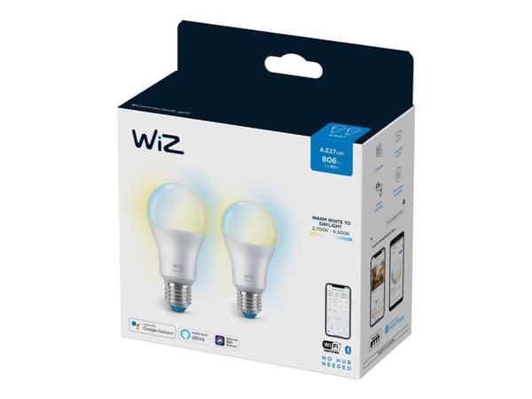 Wiz Whites - LED-glödlampa - form: A60 - E27 - 8 W (motsvarande 60 W) - klass F - tonbar vit - 2700-6500 K (paket om 2)