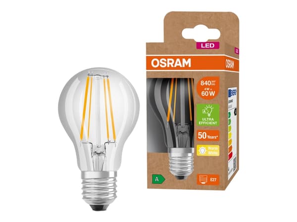 OSRAM - LED-glödlampa med filament - form: A60 - klar finish - E27 - 4 W (motsvarande 60 W) - klass A - varmt vitt ljus - 3000 K