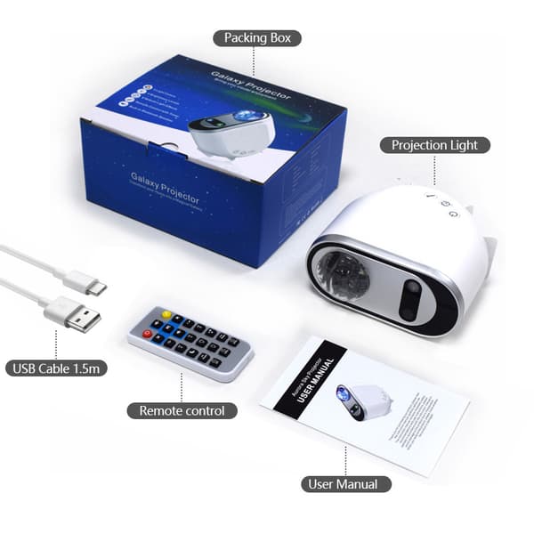 Galaxylampa / Rymdlampa, Norrsken, Galax, stjärnhimmel och måne, Bluetooth högtalare