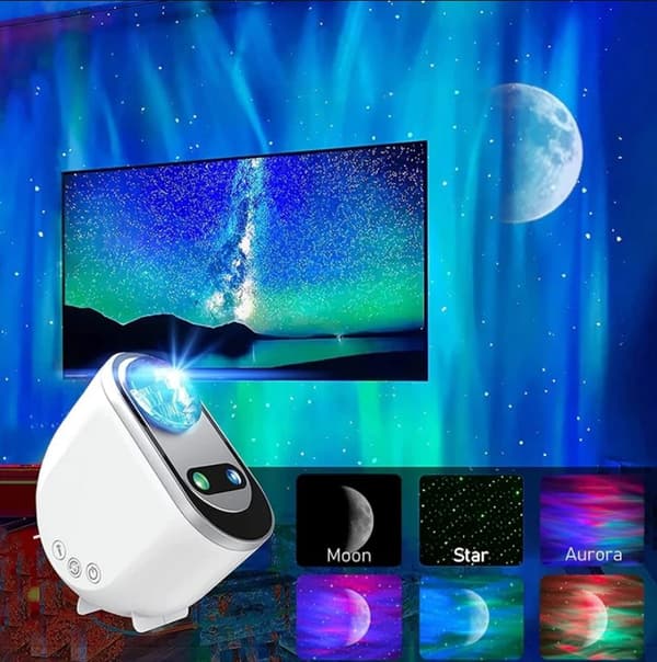 Galaxylampa / Rymdlampa, Norrsken, Galax, stjärnhimmel och måne, Bluetooth högtalare