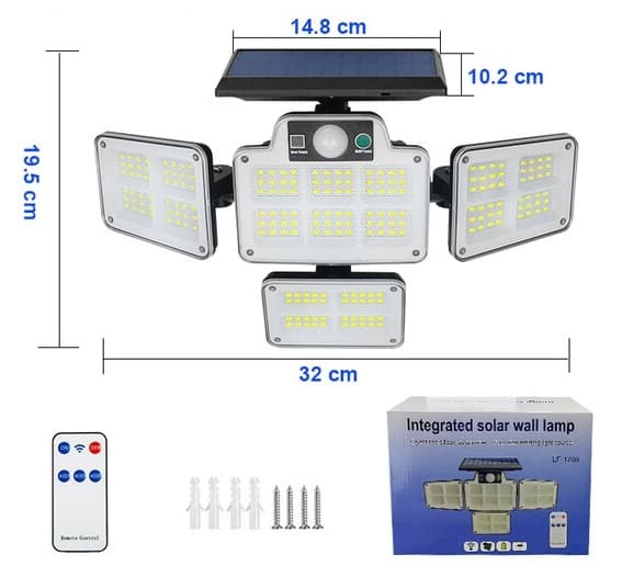 Superstark solcellsstrålkastare med 228 led-lampor, rörelsesensor och solcellsladdning