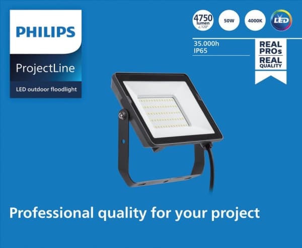 Philips Flomlys, Sort, IP65, 50 W, LED, 4000 K, 4750 lm