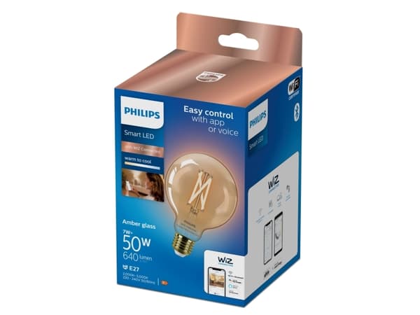 Philips Smart - LED-glödlampa med filament - form: G95 - E27 - 7 W (motsvarande 50 W) - klass F - varmt till kallt vitt ljus - 2000-5000 K - bärnsten