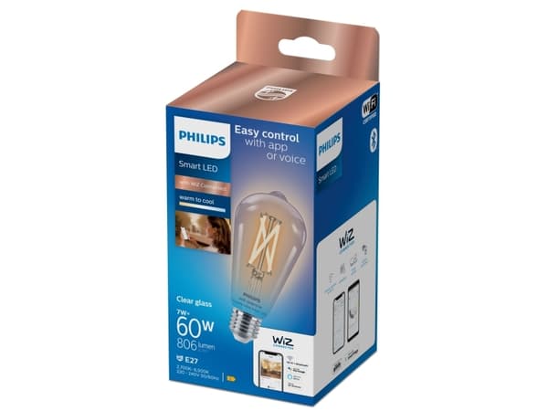 Philips Smart - LED-filamentlyspære - form: ST64 - E27 - 7 W (ekvivalent 60 W) - klasse E - varm til kjølig hvitt lys - 2700-6500 K - gjennomsiktig