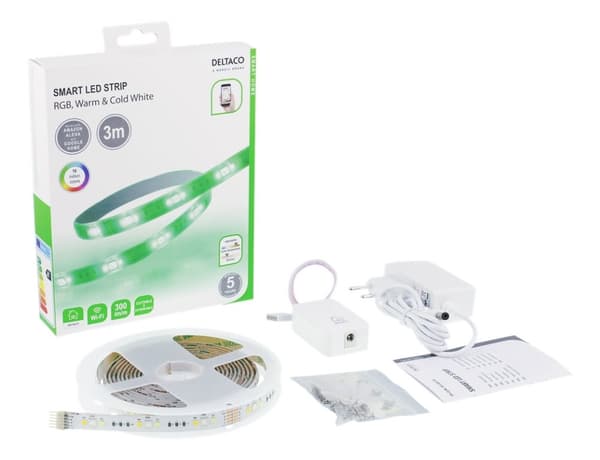 DELTACO SMART HOME LED strip, RGB, 2700K-6500K, 3m, WiFi 2.4GHz, white