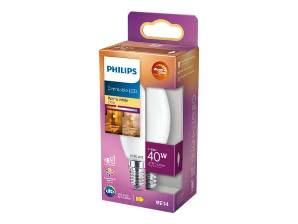 Philips - LED-lyspære - form: B35 - mattslipt finish - E14 - 3.4 W (ekvivalent 40 W) - klasse D - varmt hvitt lys - 2200-2700 K