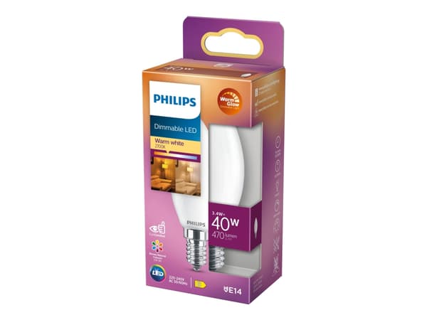 Philips - LED-lyspære - form: B35 - mattslipt finish - E14 - 3.4 W (ekvivalent 40 W) - klasse D - varmt hvitt lys - 2200-2700 K