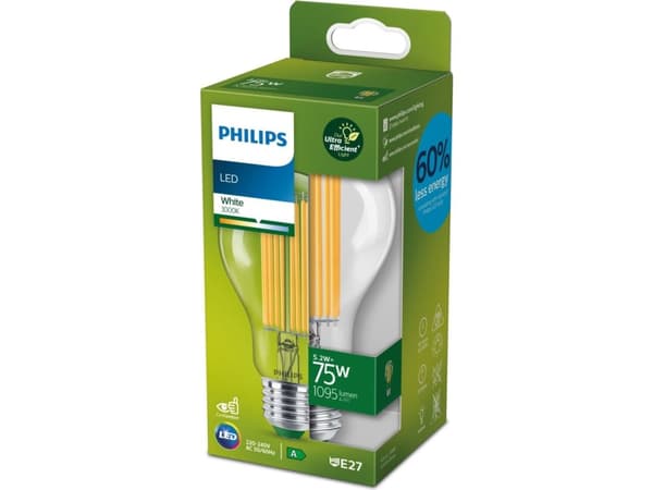 Philips - LED-glödlampa - form: A70 - klar finish - E27 - 5.2 W (motsvarande 75 W) - klass A - vitt ljus - 3000 K