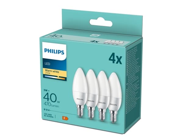 Philips - LED-glödlampa - form: B35 - glaserad finish - E14 - 5 W (motsvarande 40 W) - klass F - varmt vitt ljus - 2700 K (paket om 4)