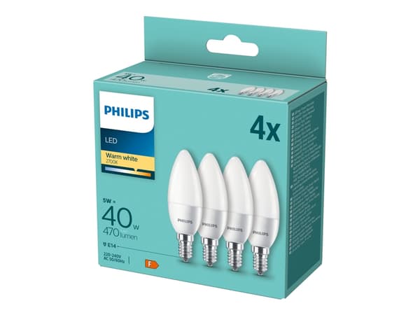 Philips - LED-glödlampa - form: B35 - glaserad finish - E14 - 5 W (motsvarande 40 W) - klass F - varmt vitt ljus - 2700 K (paket om 4)