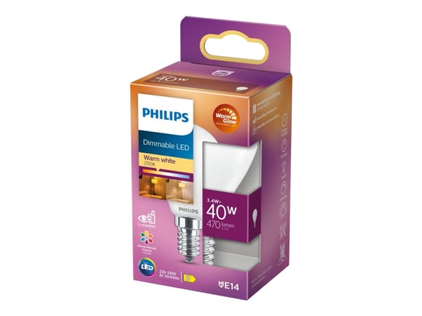 Philips - LED-lyspære - form: P45 - mattslipt finish - E14 - 3.4 W (ekvivalent 40 W) - klasse D - varmt hvitt lys - 2200-2700 K