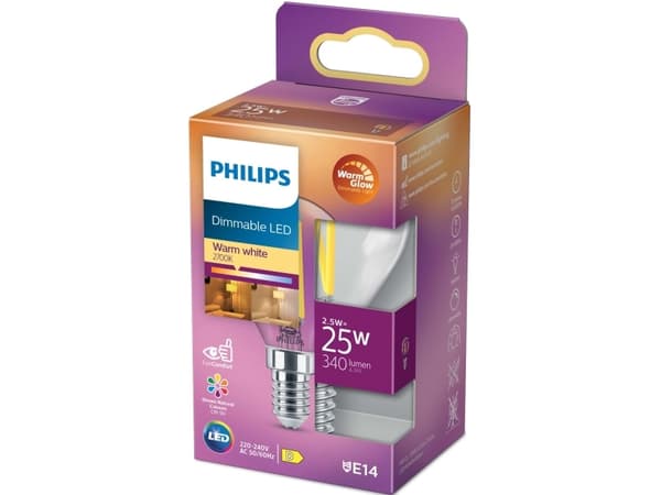 Philips - LED-filamentlyspære - form: P45 - klar finish - E14 - 2.5 W (ekvivalent 25 W) - klasse D - varmt hvitt lys - 2200-2700 K