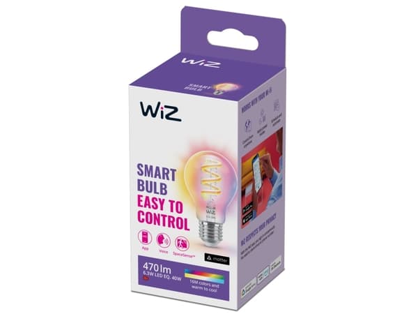 WiZ Colors - LED-glödlampa med filament - form: A60 - klar finish - E27 - 6.3 W (motsvarande 40 W) - klass G - RGB-lampa - 2200-6500 K