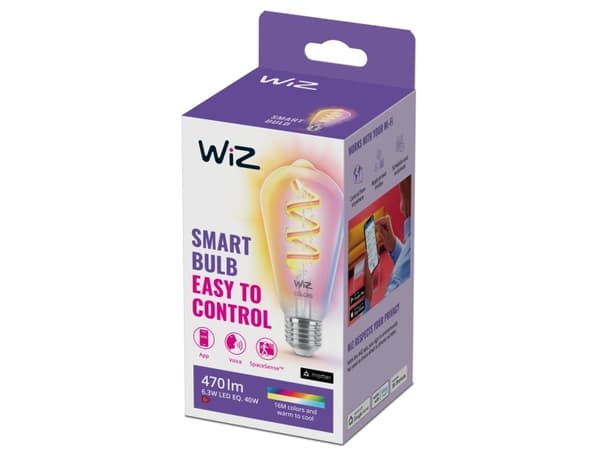 WiZ - LED-glödlampa med filament - form: ST64 - klar finish - E27 - 6.3 W (motsvarande 40 W) - klass G - RGB-lampa - 2200-6500 K - transparent
