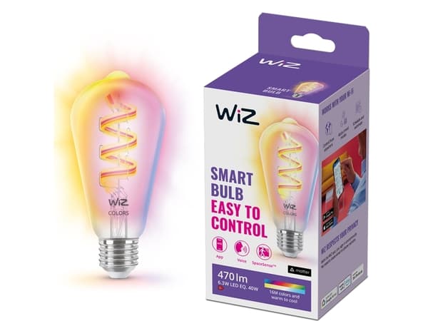 WiZ - LED-glödlampa med filament - form: ST64 - klar finish - E27 - 6.3 W (motsvarande 40 W) - klass G - RGB-lampa - 2200-6500 K - transparent