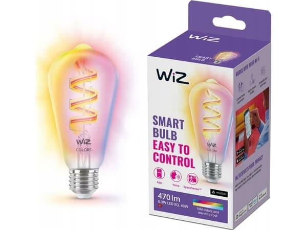 WiZ - LED-glödlampa med filament - form: ST64 - klar finish - E27 - 6.3 W (motsvarande 40 W) - klass G - RGB-lampa - 2200-6500 K - transparent